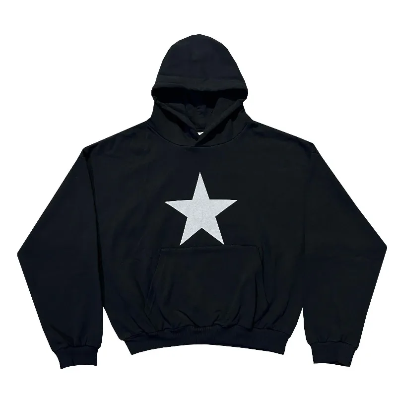 New Retro Men Kanye West Hooded Sweatshirt Star Graphic Back Text Print Oversized Street Hoodie