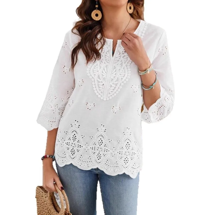 

Summer Women's Blouse Sweet Lace V Neck 3/4 Sleeve Blouses White Boho Style Loose Fit Chiffon Blouse Black Scalloped Hem Top