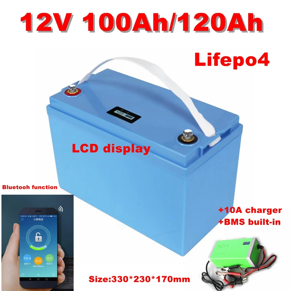 12V 100ah 120AH lifepo4 battery  BMS for inverter, boat motor,RV+10A Charger