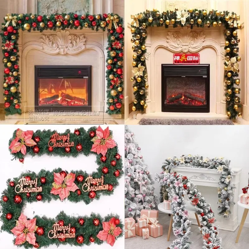 Dense Rattan Christmas Garland 2.7M With Decor Lantern Hanging Ornament For Window Door Stair Escalator Indoor Xmas Decor