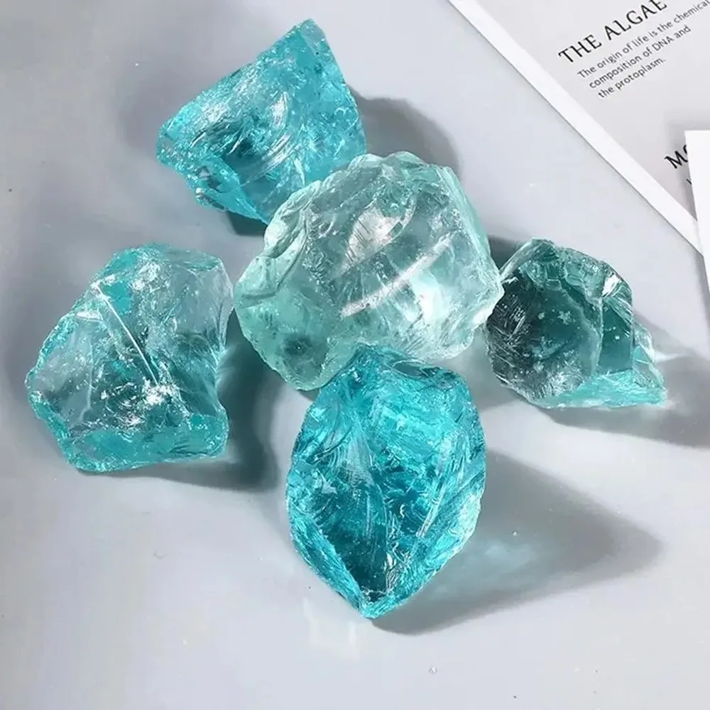 Natural Sea Blue Glaze Tumbled Crushed Glass Gemstones, Decorative Vase Filler for Fish Tank Landscaping & Home Decor