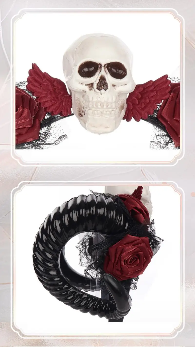 Dunkles Halloween Gothic-Stil Geflochtenes Stirnband Totenkopf-Dämon Haaraccessoires Rote Rose Gothic-Haarband Party-Kostüm-Requisiten – Detail 4