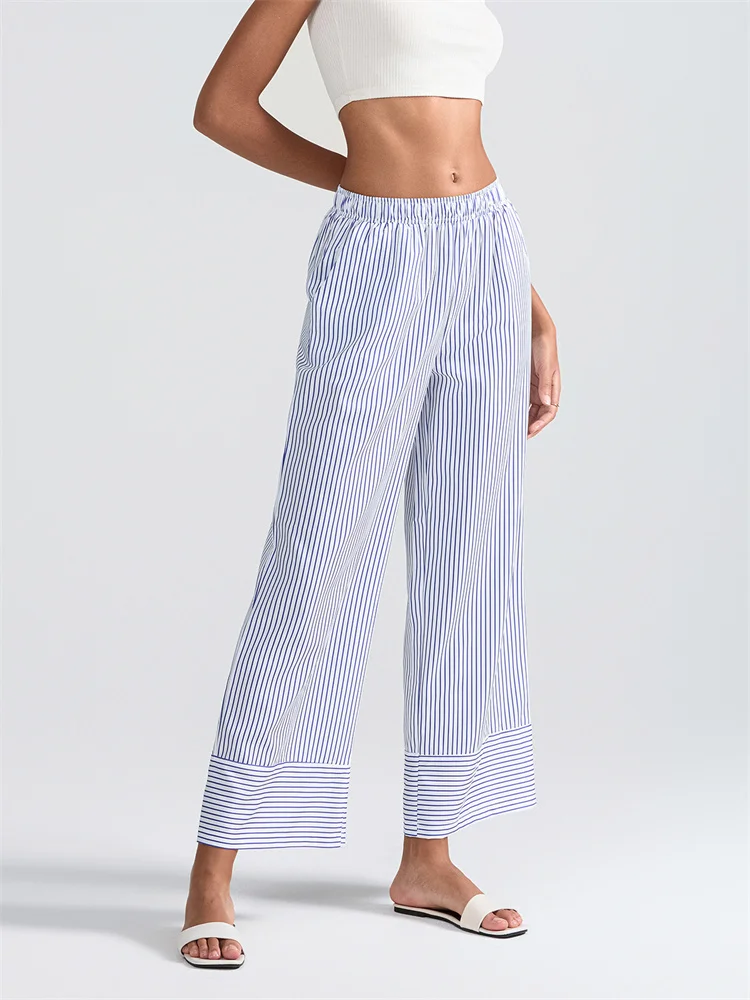 CHRONSTYLE Fashion Women Striped Print Long Pants Elastic High Waist Wide Leg Trousers with Pockets Streetwear for Summer 2024