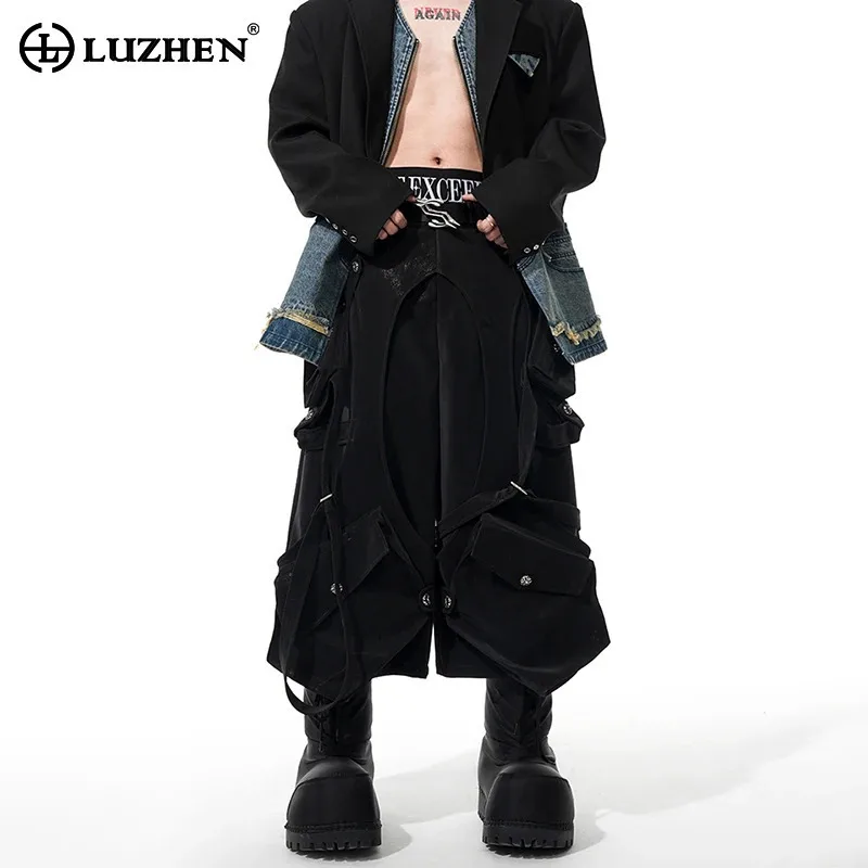 LUZHEN 2025 New Original High Street Loose Multi Pockets Design Cropped Trousers Men's Stylish Patchwork Straight Pants LZ9820