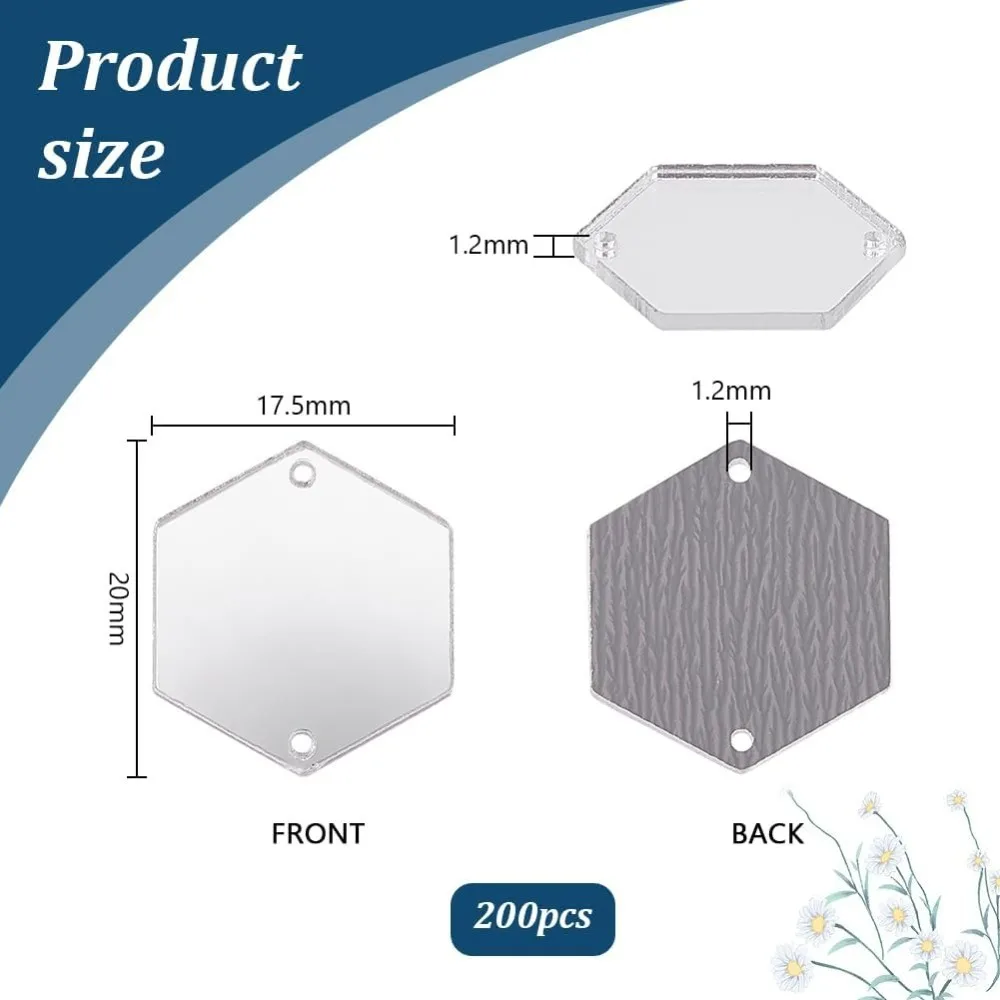 200pcs Hexagon Sew on Mirrors Silver Acrylic Sew on Mirror Pieces with Holes 0.8 x 0.7 inch Mirror Beads for DIY Wedding Dress