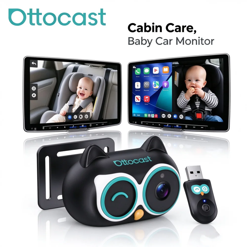 Ottocast Baby Car Monitor Cabin Care Wireless CarPlay Adapter HD Night Vision Car Camera Backseat Monitor for Car