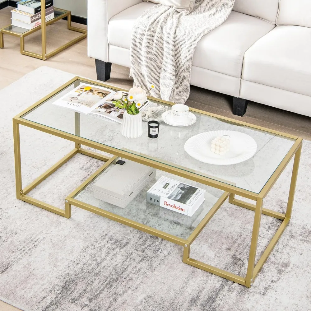 

Modern Tempered Glass Coffee Table, w/ 2 Tier Storage Shelf, Metal Frame, Adjustable Foot Pads, Small Rectangular Tea Table