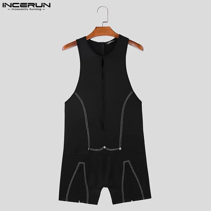 INCERUN American Style Bodysuit Men Fashion Drawstring Mesh Design Jumpsuit Casual Homewear Male Thin Sleeveless Jumpsuits S-3XL