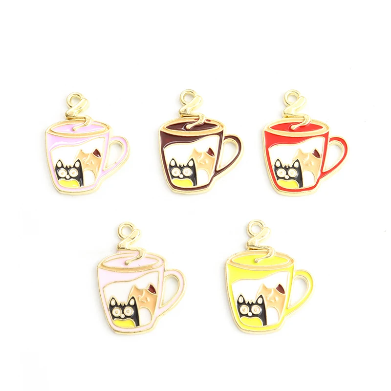 10pcs Enamel Lovely Cup Cat Charms Kawaii Kitten Animals Pendants Cute Cartoon Charm Jewelry DIY Bracelets Necklaces Accessories