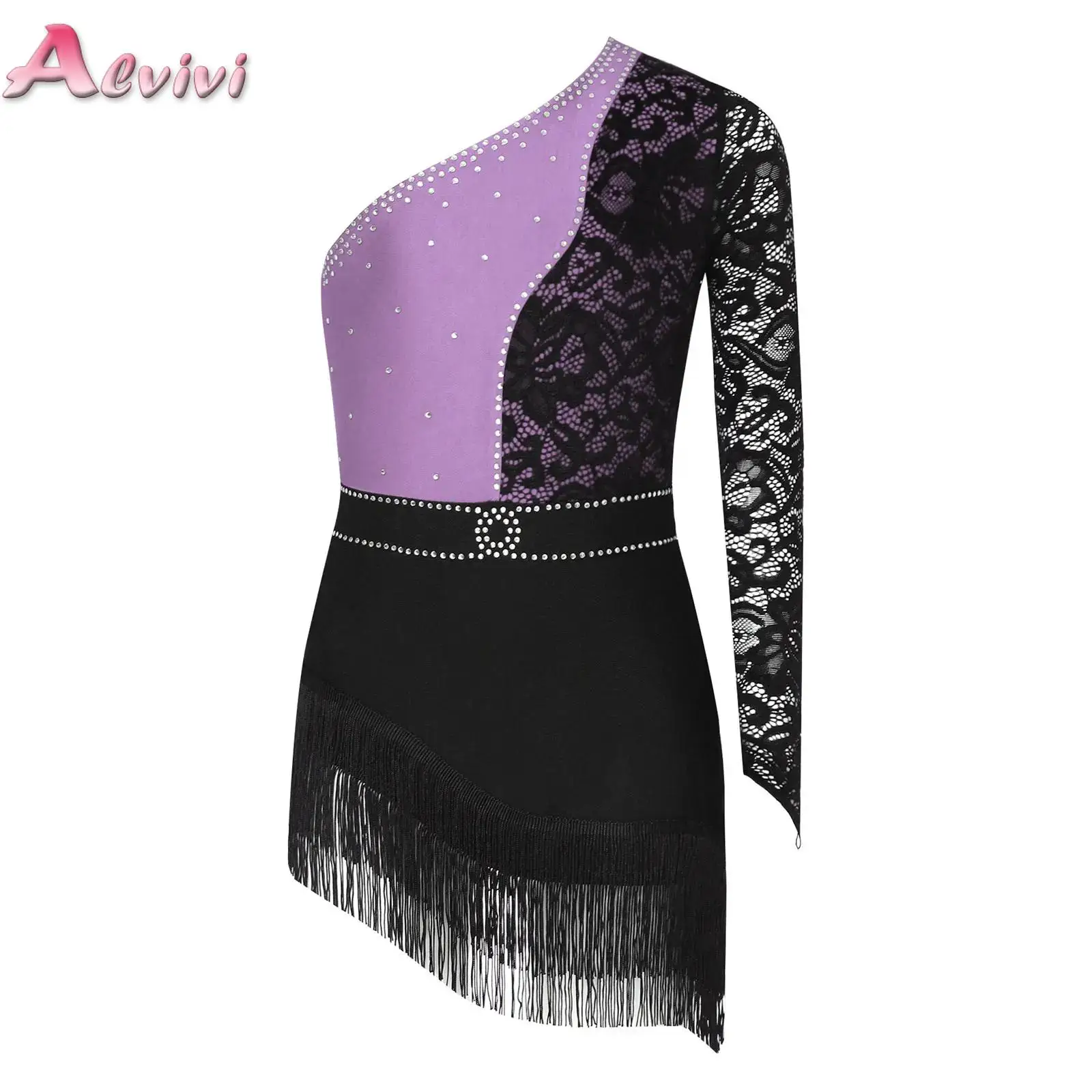 

Kids Girls Latin Dress Shiny Rhinestones Lace Single Sleeve Tassels Dancewear Samba Rumba Jazz Cha Cha Dance Performance Costume