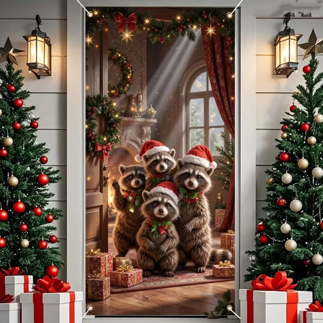 Cartoon Pet Christmas Party Decor Door Cover Banner Cute Cat Dog Cow Backdrop Festival Supplies New Year Photography Background