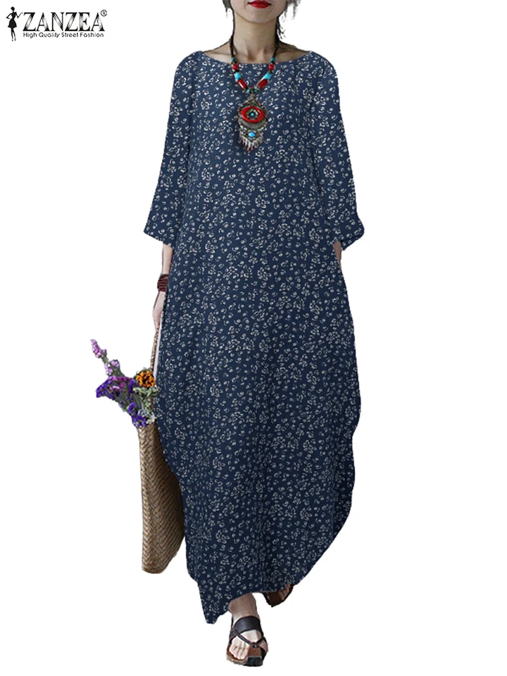ZANZEA Women's Ethnic Floral Print Cotton Linen Long Dress 2025 Autumn Casual Boatneck 3/4 Sleeve Breathable Loose Dresses S-3XL - AliExpress 200000345 ZANZEA Women's Ethnic Floral Print Cotton Linen Long Dress 2025 Autumn Casual Boatneck 3/4 Sleeve Breathable Loose Dresses S-3XL - AliExpress 200000345