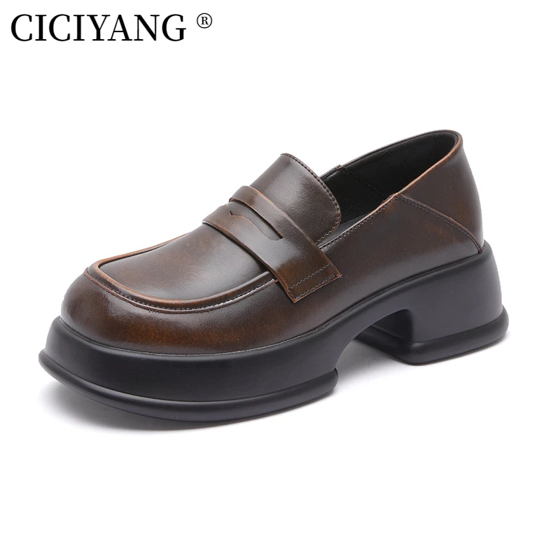 

CICIYANG Loafers for Women Genuine Leather 2024 New Spring Shoes British Style Retro Thick Soles JK Small Leather Shoes Girl 40