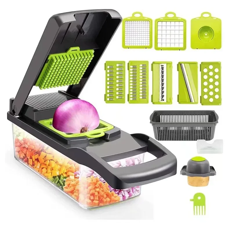 5-in-1 Multifunktionaler Gemüseschneider, Mandoline, Zerkleinerer, Zwiebelschneider, Abnehmbare Klingen, Leicht zu Reinigen, Manueller Lebensmittelzerkleinerer, Reibe, Tragbares Handgerät für Obst,