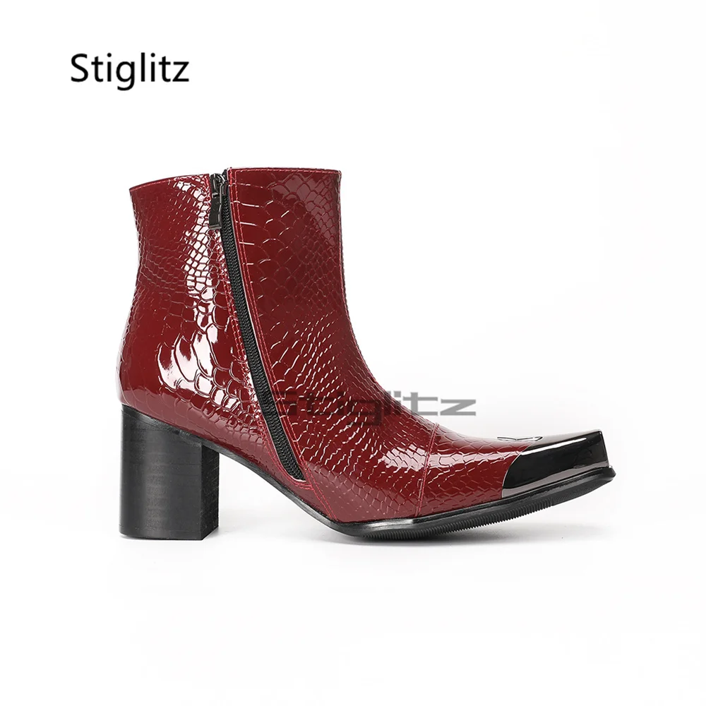 Burgundy Snake Print Patent Leather Ankle Boots for Men Metallic Square Toe Side Zipper Block High Heels Punk Western Boots