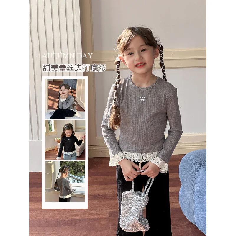 Girls' Lace Design Long SleevesTChildren's Soft Glutinous Amy Cashmere Sunken Stripe Slim Bottoming Shirt