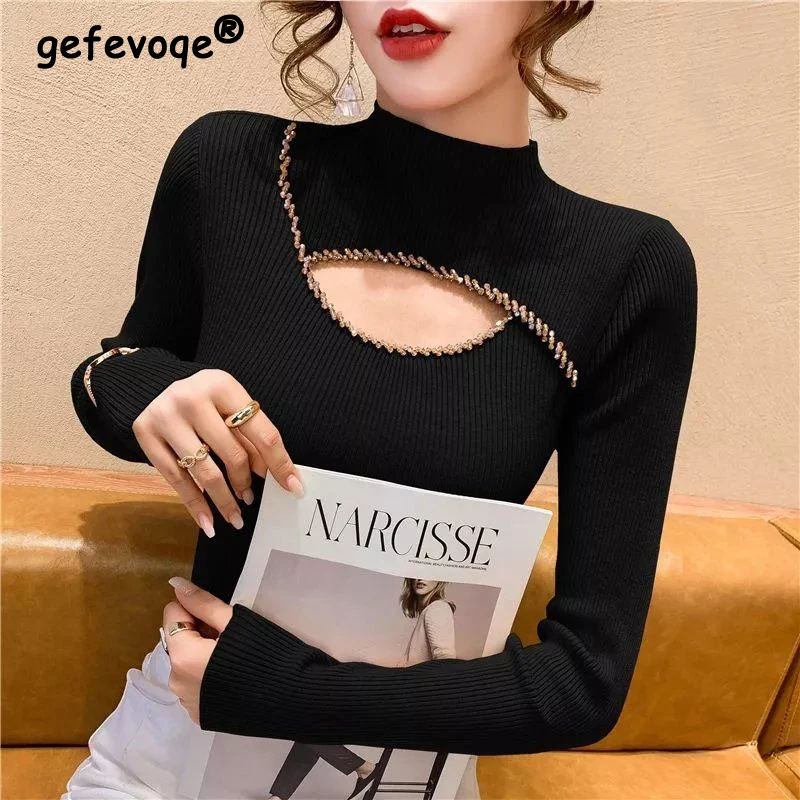 

Elegant Chic Sexy Hollow Half High Collar Diamonds Basic Knitwear Fall Winter Fashion Slim Long Sleeve Solid Pullover Top Female