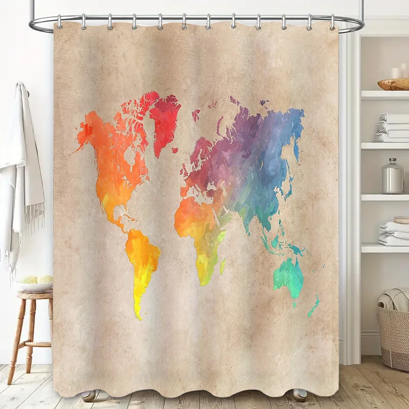 World Map Shower Curtain Vintage Globe Travel Decor Bathroom Fabric Washable Artistic Backdrop Waterproof Home Decor