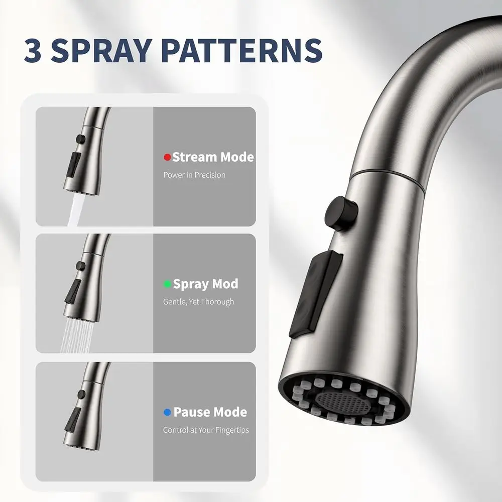 Torneira moderna de cozinha com pulverizador pull-down de alça única de arco alto em níquel escovado para RV, lavanderia, bar e fazenda