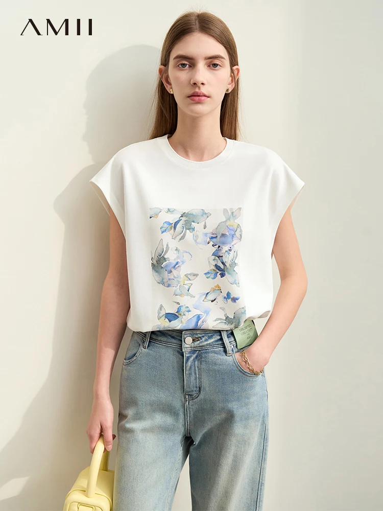 Amii Minimalism T-shirts For Women 2024 Summer New Casual O-neck Oil Painting Flowers Printed Loose Trendy Chic Tops 12422098