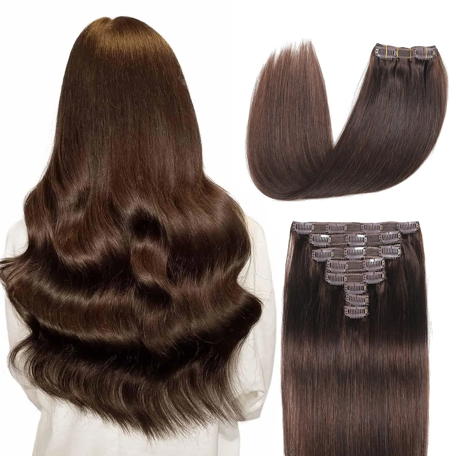 Extensions Brown Real Human Hair Darkest Brown 120g Invisible Removable 8 Pieces Per Set 26 Inches Clip in Extensions Human Hair