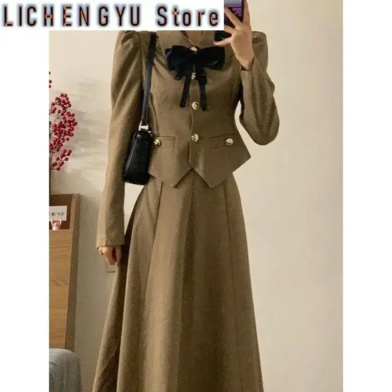 

New Fit Early Autumn French Vintage Bow Small Fragrant Coat Long Half Skirt Two Piece Set for Women