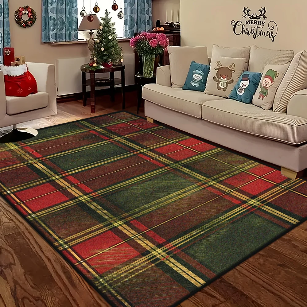 [2D Flat]Classic Scottish Plaid Large Rug – Vintage Red and Green Check – Christmas Holiday Home Decor Rug For Living Room Fireplace Area