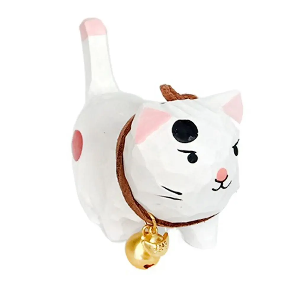 Bell Cat Wood Carving Cat Ornament Handmade Simple Style Painted Cartoon Cat Sculpture Solid Wood Small