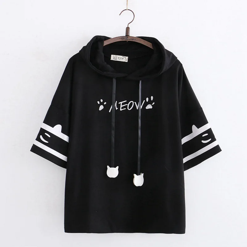 Summer Women Cartoon Animal Paw Embroidery Tee Shirt Cat Ears Hooded Kawaii Tshirt School Young Girls Cute Daily Clothes Tops