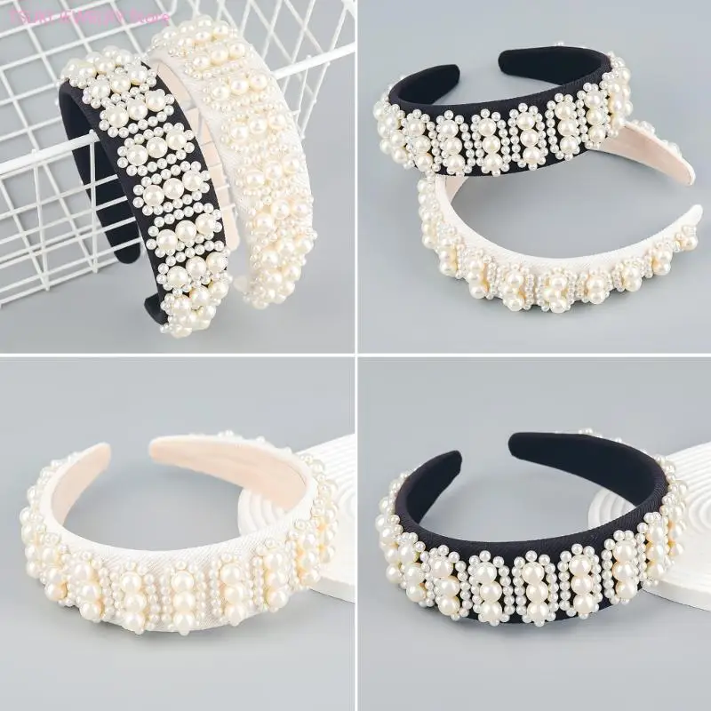 62KE Wedding Headband Wide Headband Pearl Hair Hoop BRIDAL Headband Pearl