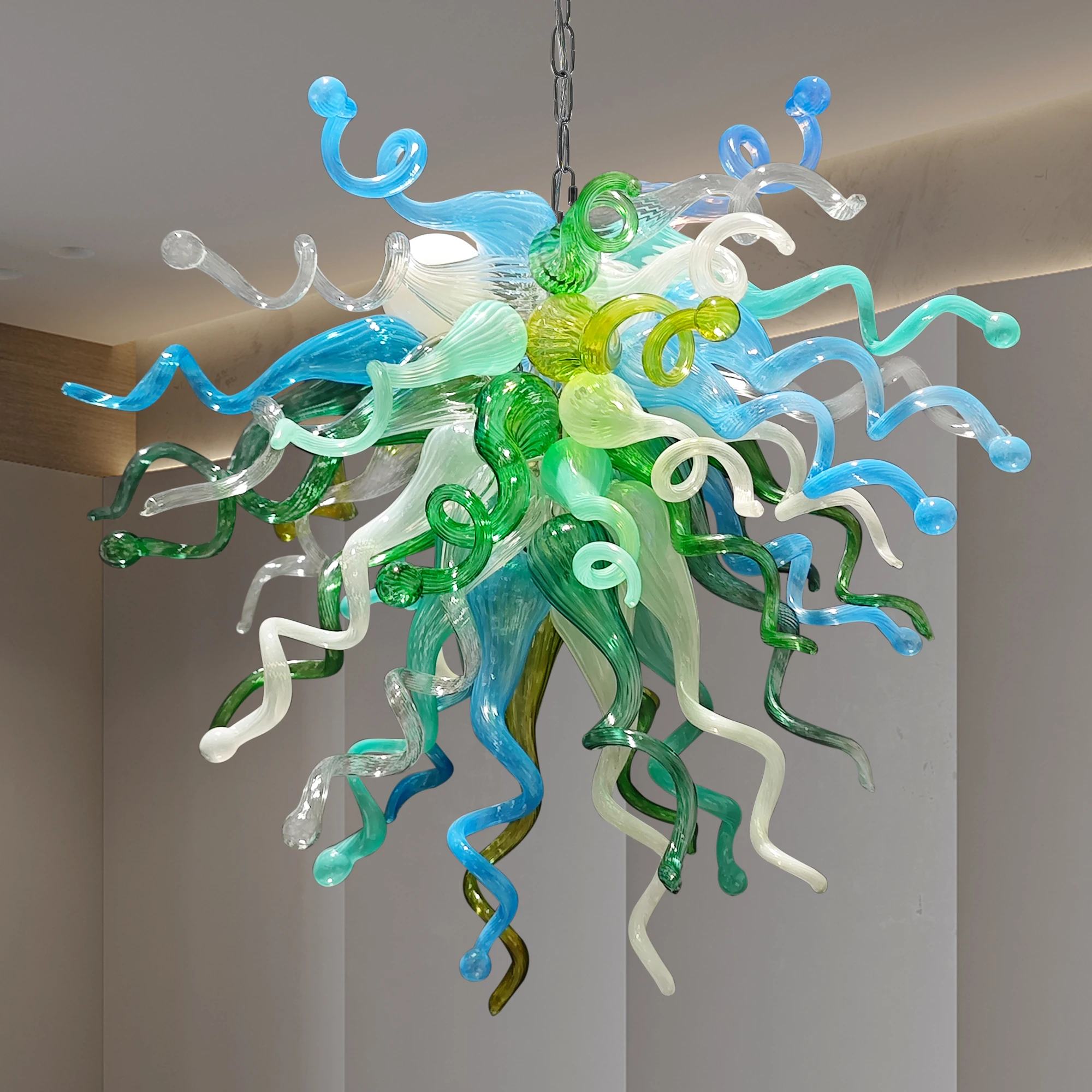 LONGREE Hand Blown Glass Chandelier Greenish Multicolor Decorative Art Ceiling Light Fixture Lightings for Home