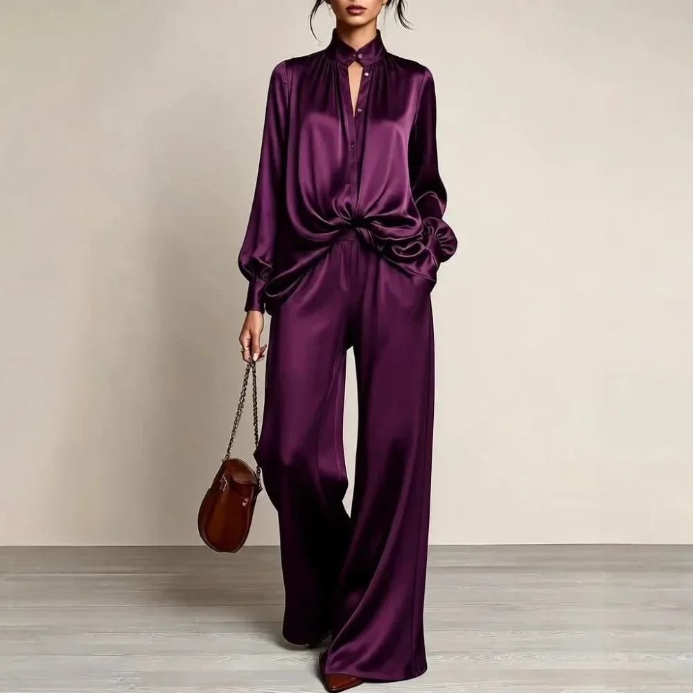 New Purple Wide Leg Pants Suit 2 Piece Set for Women 2026 Autumn Winter Loose Fit