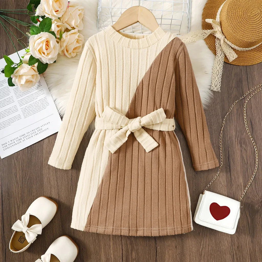 Kids Girls Knitted Dress Patchwork Long Sleeved Dress with Belt Fashion Elegant Casual Party Clothes For Children 4-7 Years