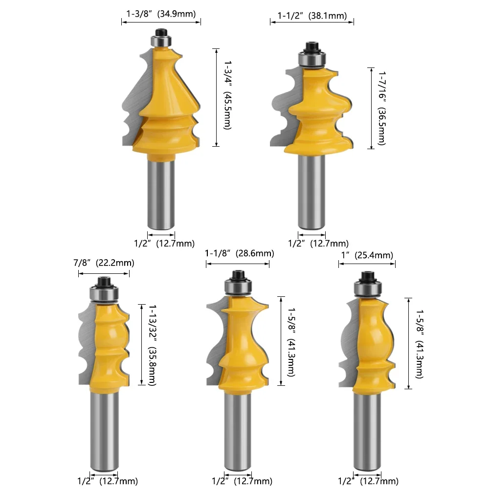 AURWOF 5-teiliges 1/2" 12mm Schaft-Handlauffräser-Set, Holzfräser-Kit mit 5 Profilen für Treppenhaus MC03087 – Detail 4