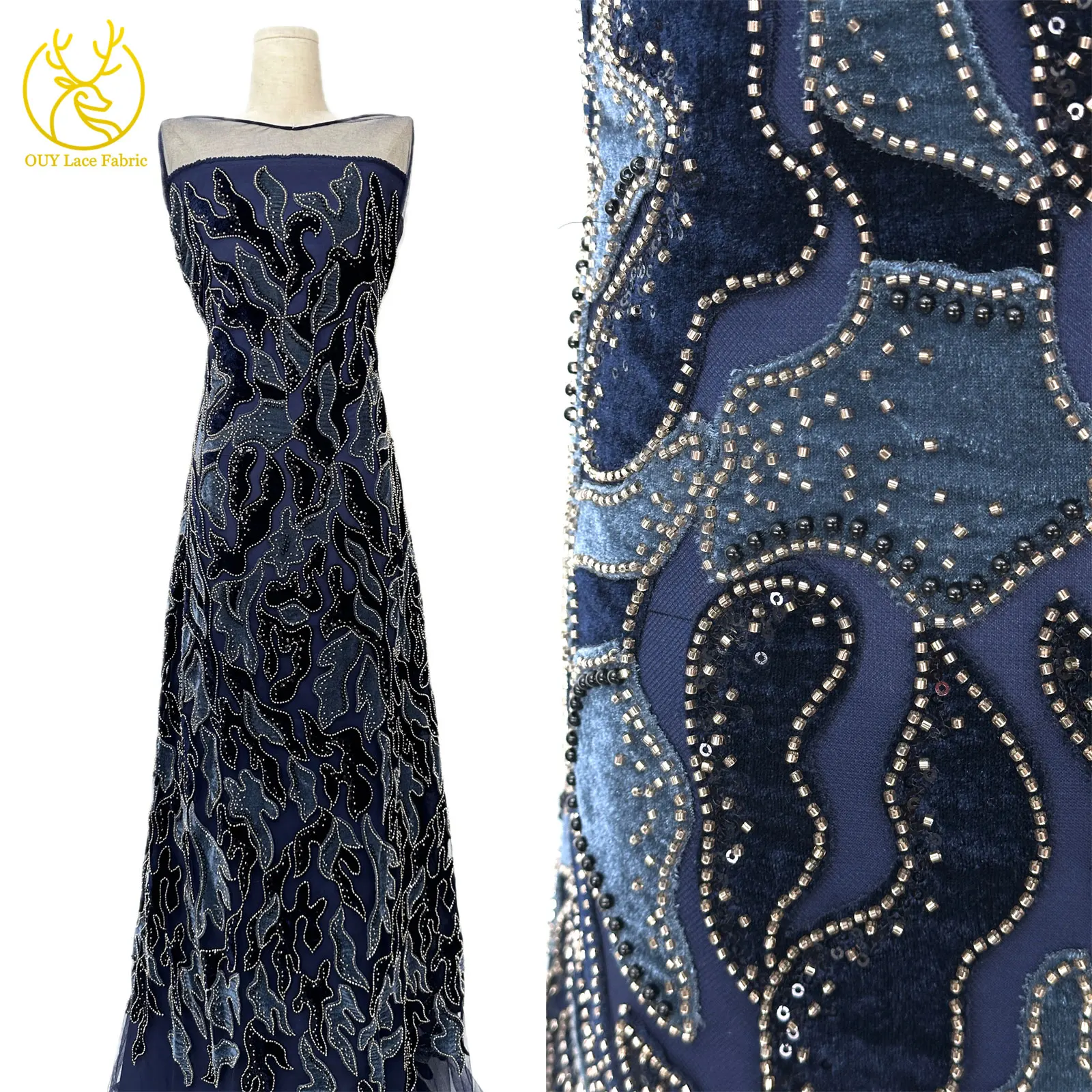 Roter Samtstoff mit Perlen und Pailletten, Spitzenstoff 2026, eleganter bestickter Tüllstoff für Bräutigam, französisches Hochzeitskleid, Abendkleid, zum Nähen, 5 Yards – Detail 5