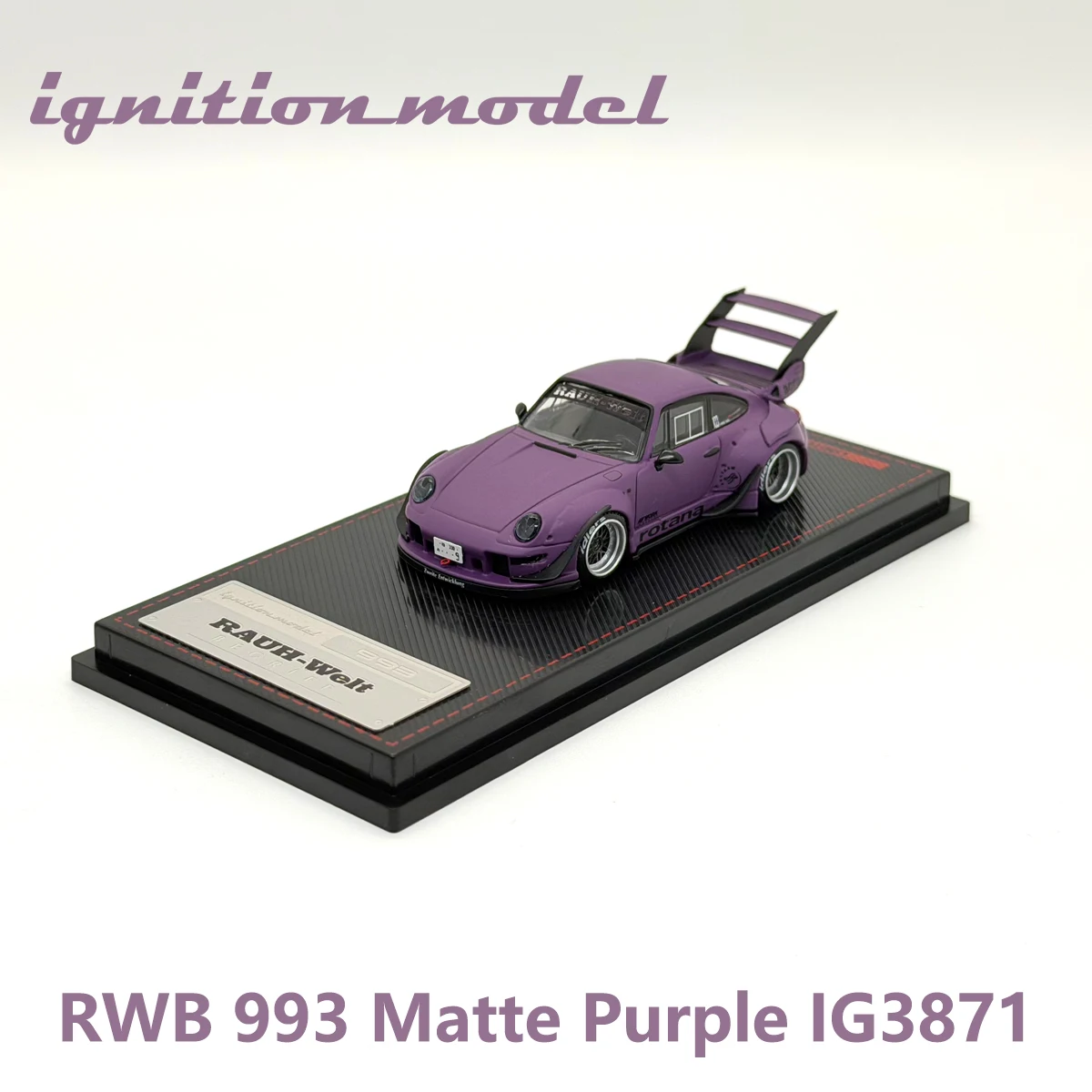 Modèle de voiture miniature Porsche RWB 993 Matte Purple Rotana Widebody Modified Diecast, échelle 1:64, référence IG3871, en stock.