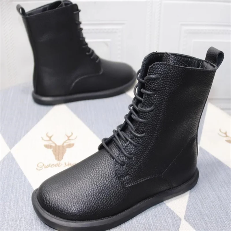 Women Fashion Genuine Leather Winter Mid-calf Boots Women Lacing Leather Boots Size 35-41 English ankle boots