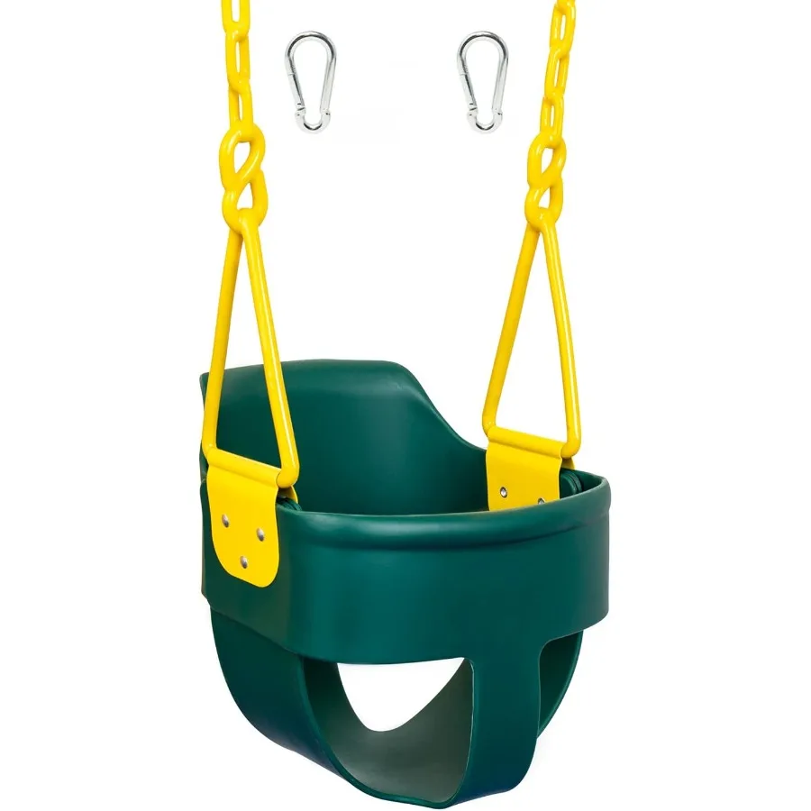 High Back Full Bucket Toddler Swing Seat with Finger Grip Plastic Coated Chains Safety Carabiners Easy Install Green