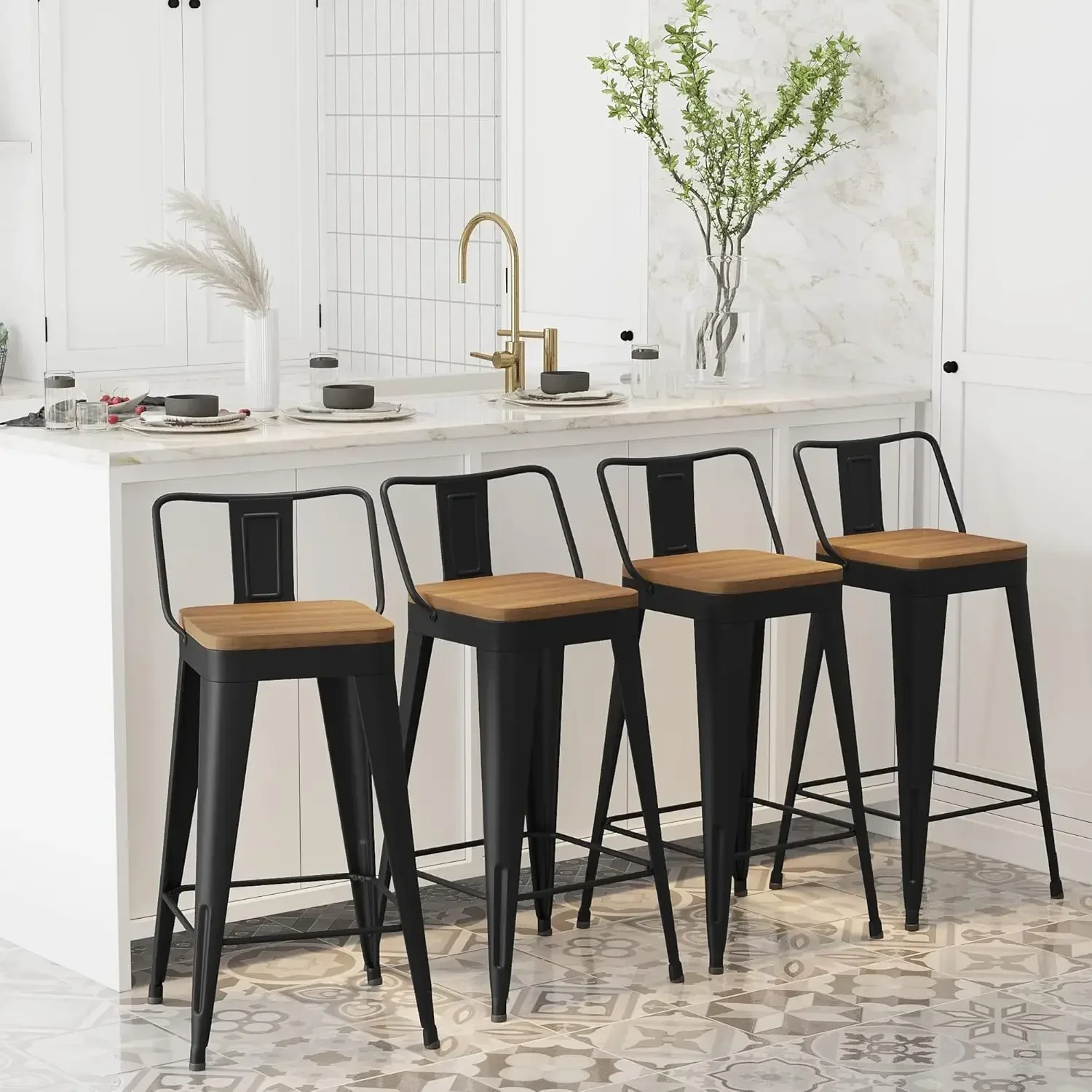 Bangku Bar logam Set 4 bangku Bar tinggi bangku dengan punggung dapat dilepas 26 "dapur Bar bangku dengan kursi kayu, HITAM