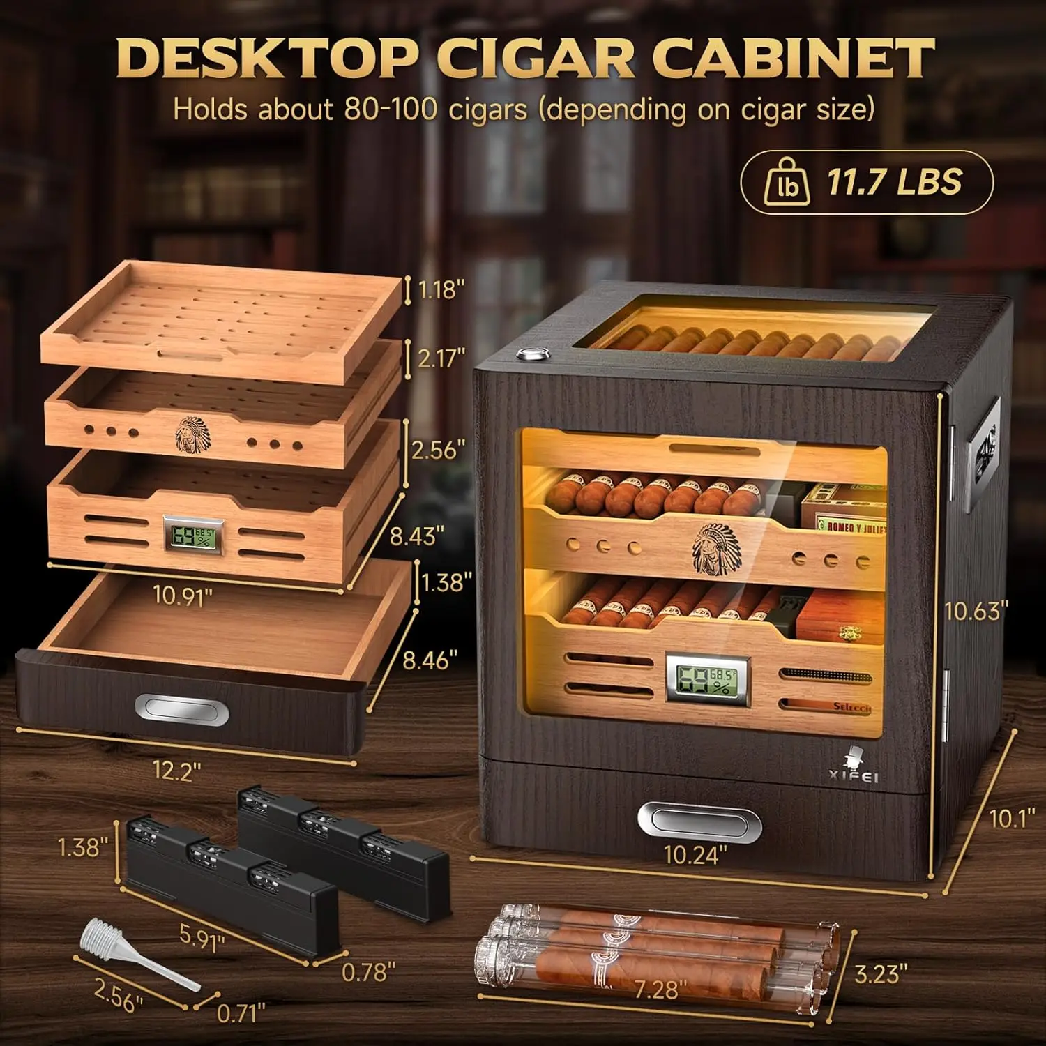 خزانة سيجار قابلة للتعديل مع مقياس رطوبة رقمي، 3 أدراج من خشب الأرز وغطاء زجاجي تتسع لـ 80-100 سيجار
