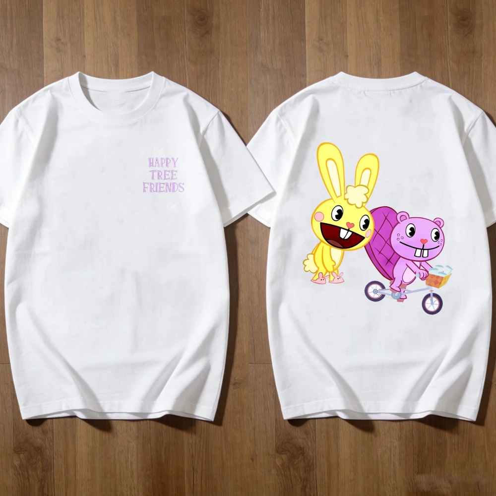 Happy Tree Friends Cuddles & Toothy Bicycle Print T Shirt Men Women Trendy Streetwear Cotton Tops Cute Cartoon Graphic Gift Tee