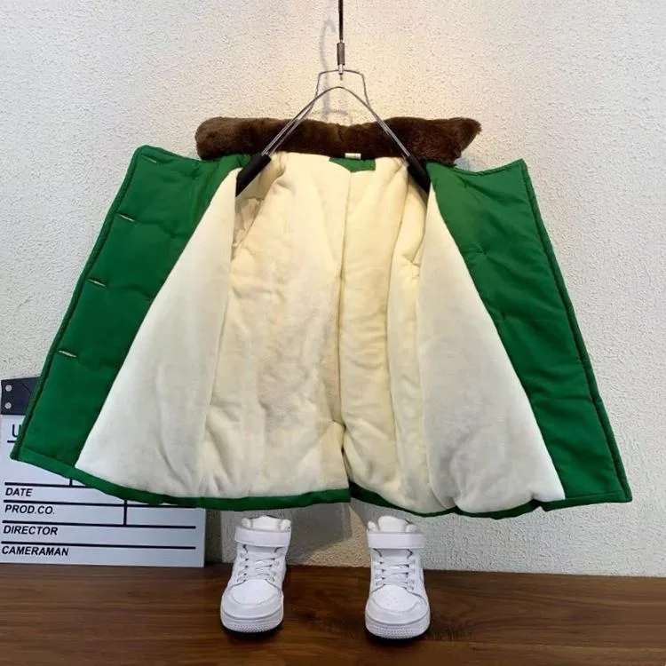 Children's military cotton coat with thickened cotton, medium to long length for boys, Northeast Army green cotton coat with plu