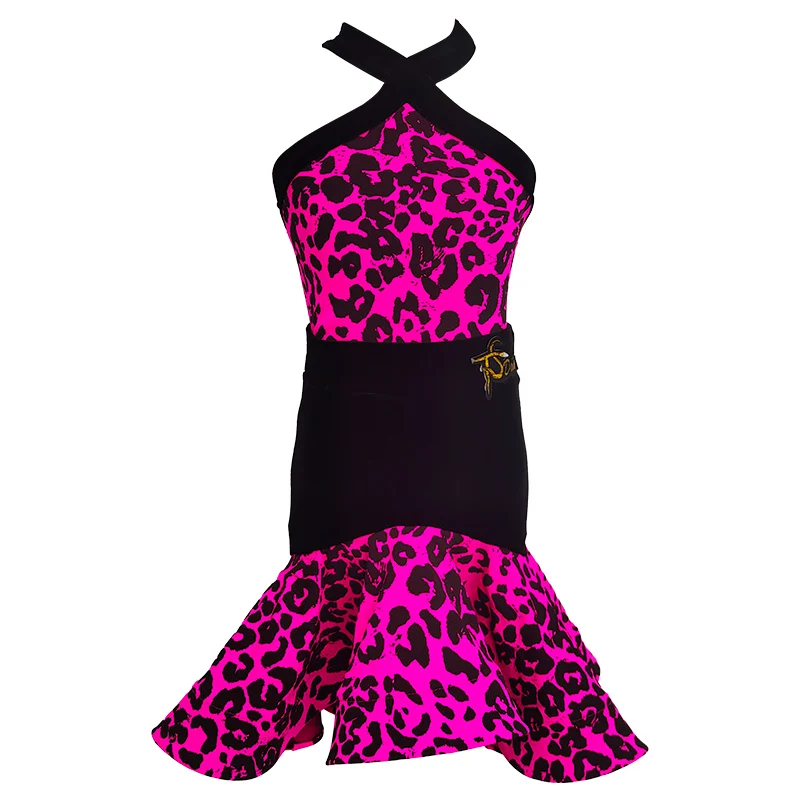 النيون الوردي ليوبارد اللاتينية فستان رقص الفتيات تشا تشا رومبا سامبا أداء الرقص زي المنافسة الملابس المرحلة قطعتين مجموعة