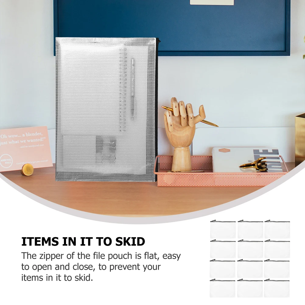 

15Pcs Black File Storage Bag PVC Mesh Zipper Pouch Document Organizer Large Capacity Stationery Storage for Students