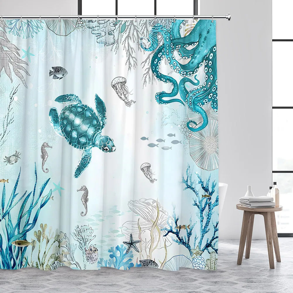 Nautical Coastal Sea Turtle Shower Curtain Vintage Ocean Beach Coral Fish Cute Seahorse Starfish Seashell Bathroom Decor Curtain