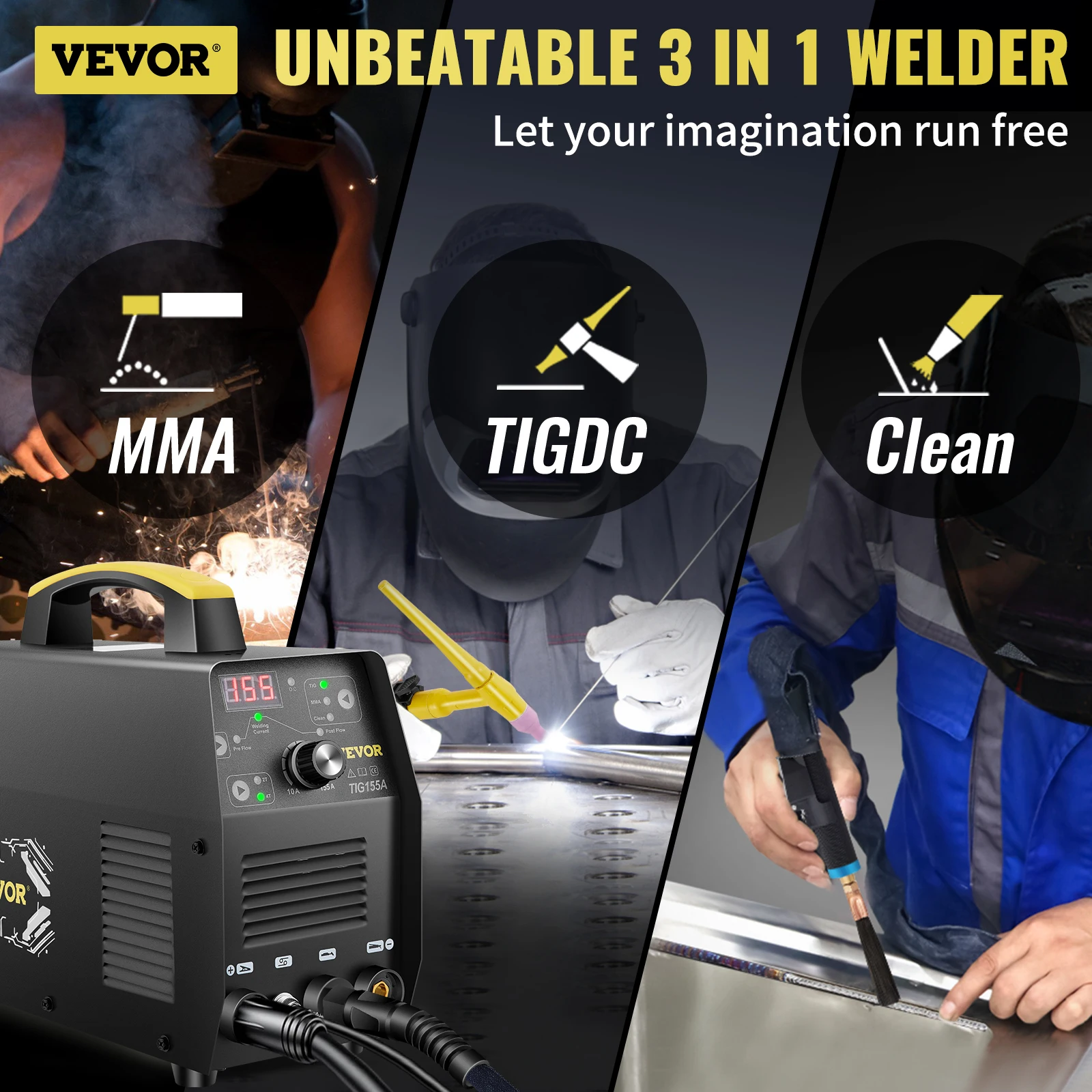 VEVOR 155A 3 in 1 TIG Welder AC110V 3 in 1 Multifunctional HF TIG ARC Clean IGBT Inverter Welding Machine with QQ150 Welding Gun