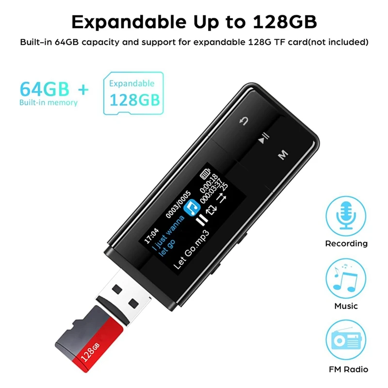 2-In-1 Type C & USB Bluetooth 5.3 MP3 Player Portable Sports Clip-On Music Player Lossless Sound Music MP4 Player-64G