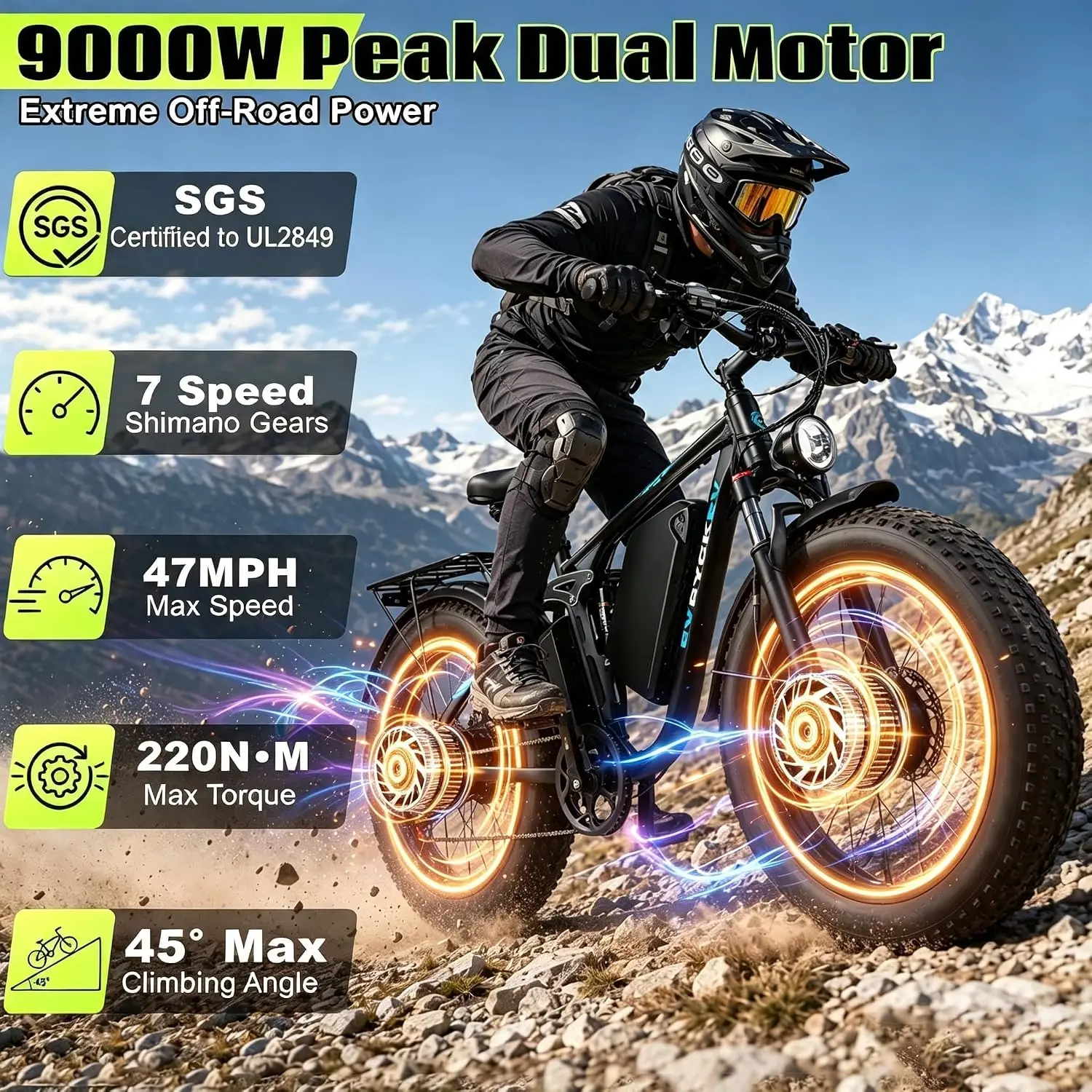 9000W Dual Motor Ebike 58V 36Ah 105 Miles 47MPH Full Suspension 24 inch Fat Tires Sand Off-Road, Customized