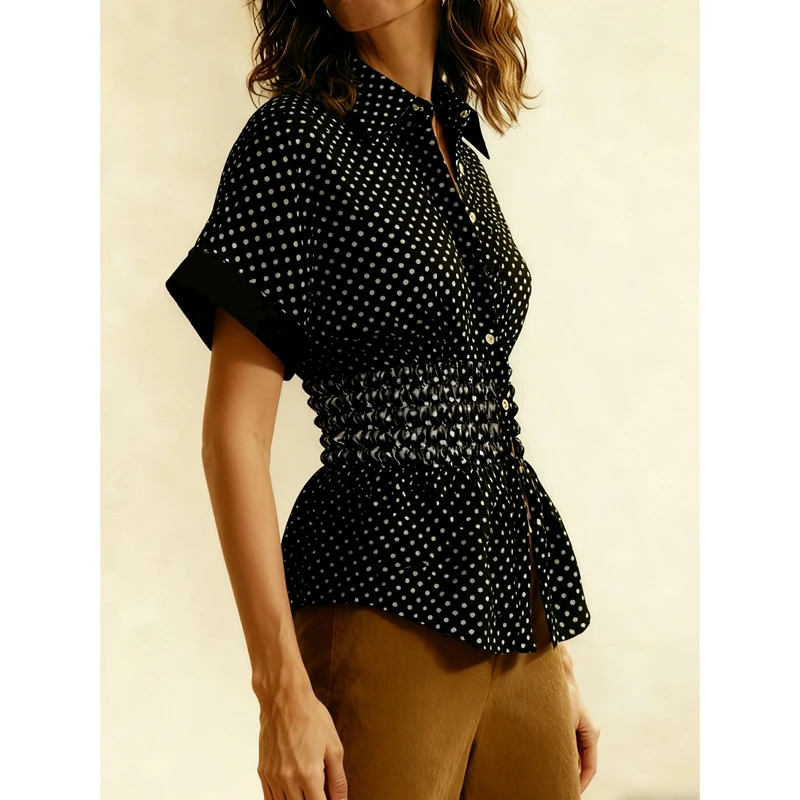 

Combhasaki женские Y2k элегантные рубашки с рюшами на талии и короткими рукавами с манжетами на пуговицах с лацканами с v-образным вырезом и воротником с рюшами