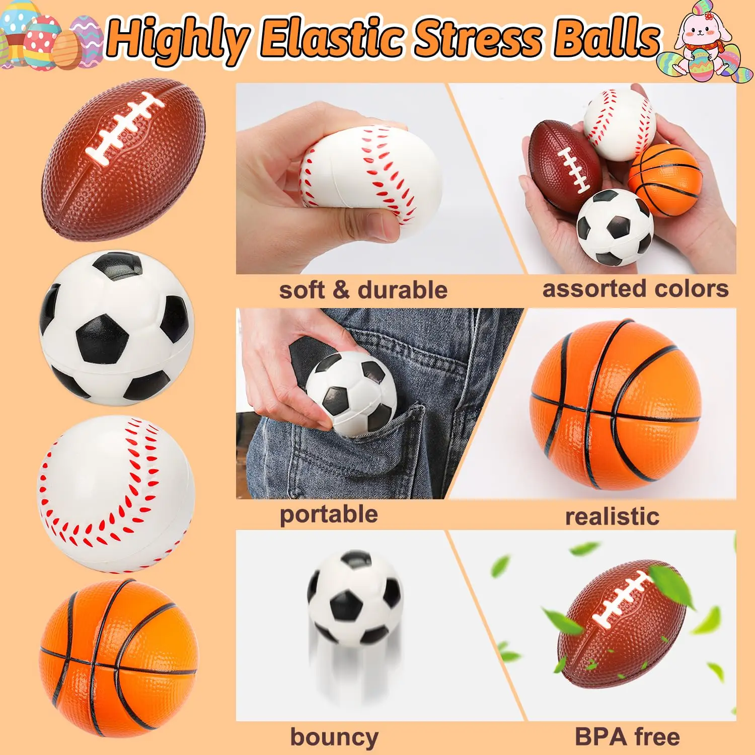 4/8/12pcs Stress Balls Foam Bouncy Balls for Kids Party Favor Toy Basketball Football Baseball Squeeze Balls for Relief Stress